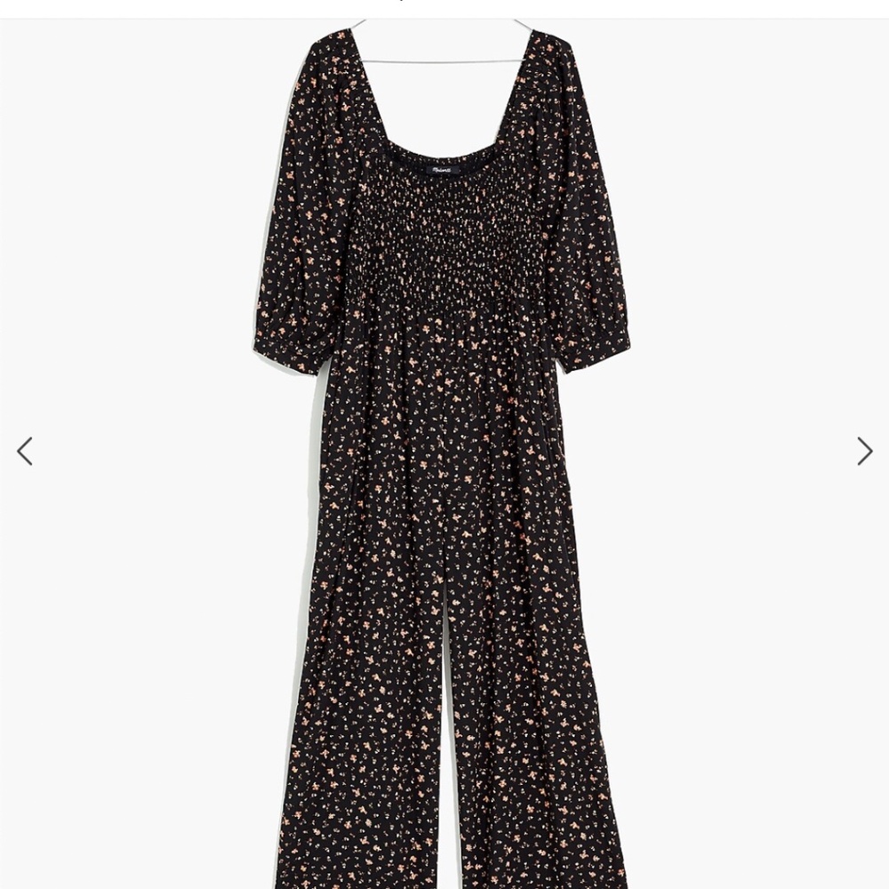 Madewell Lucie Elbow-Sleeve Smocked Wide-Leg Jumpsuit in Stem Scatter